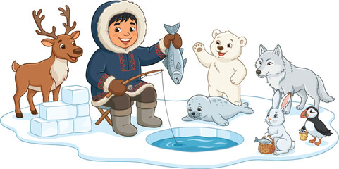 Cute cartoon eskimo boy fishing on ice with arctic animals reindeer bear wolf and puffin vector illustration, © MdBarat
