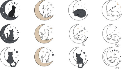 Obraz premium Minimalist linear celestial cats on crescent moon vector icon set featuring sleeping kittens and moon phases for esoteric tattoo graphic designs