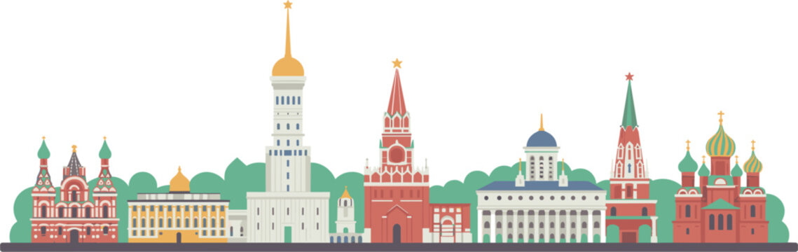 Moscow city skyline vector illustration, flat design famous landmarks and architecture buildings in Russia