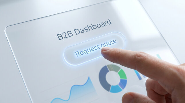 Human finger pressing a glowing request quote button on a modern digital glass b2b dashboard interface for business analytics data