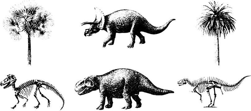 Prehistoric tattoo flash sheet high contrast traced featuring triceratops tyrannosaurus skeletons and palm trees for tattoo flash sheet design