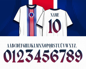 Fototapeta na wymiar Decorative athletic alphabet with elegant serif letters and vintage inspired numbers for customizable jersey graphics, apparel branding, print layouts and sports themed vector projects