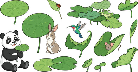Cute cartoon animal and lily pad collection with panda rabbit frog mouse bird and ladybug vector illustration, © MdBarat