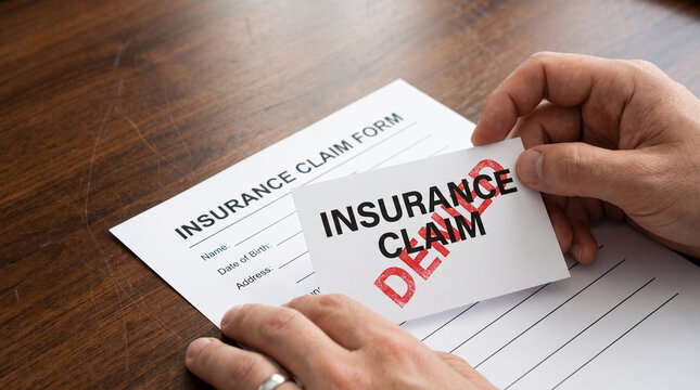 Person holding a white card with denied text over an official insurance claim form document on a wooden desk surface