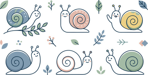 Minimalist scandinavian style snail vector illustration set featuring cute cartoon characters with pastel leaves and twigs for children nursery wallpaper and textile prints © AdhinChandra