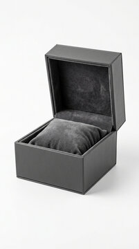 Presenting a blank luxury watch box with a velvet cushion and dramatic lighting on white