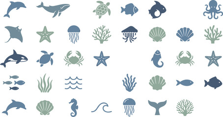 Fototapeta premium Minimalist sea life silhouette icon vector set featuring whale dolphin turtle octopus and coral elements for nautical graphic design and web layouts