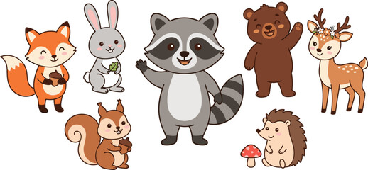 Fototapeta premium Cute cartoon forest animal character set with fox rabbit squirrel raccoon bear deer and hedgehog vector illustration,