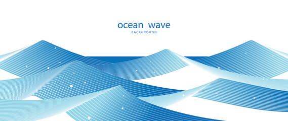 Fototapeta na wymiar Ocean wave background vector. Abstract blue layered sea with flowing contour lines, geometric curved surfaces and smooth gradient. Minimal marine design for banner, poster, cover and wallpaper.