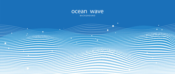 Naklejka na ściany i meble Ocean wave background vector. Abstract blue flowing contour lines with layered curved surfaces and smooth fluid motion. Minimal marine design for banner, poster, cover, wallpaper and presentation.