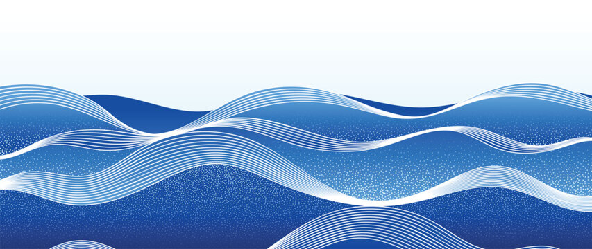 Ocean wave background vector. Abstract blue layered sea with flowing contour lines, geometric curved surfaces and smooth gradient. Minimal marine design for banner, poster, cover and wallpaper.