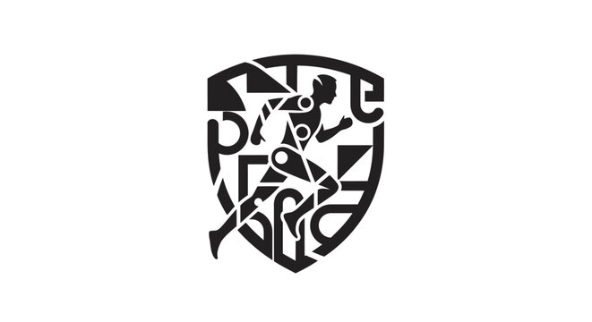 Abstract shield logo design featuring a running robot silhouette.