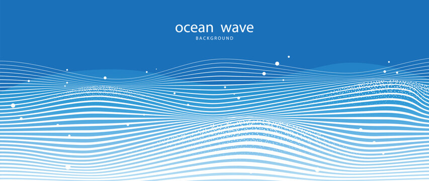 Ocean wave background vector. Abstract blue flowing contour lines with layered curved surfaces and smooth fluid motion. Minimal marine design for banner, poster, cover, wallpaper and presentation.