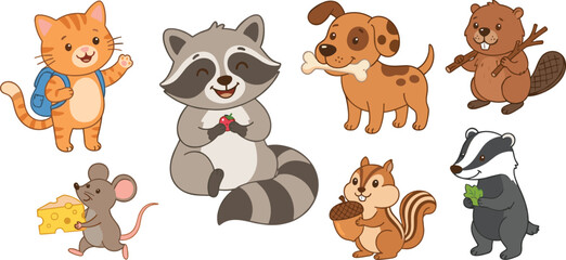 Obraz premium Cute cartoon animal character set with cat raccoon dog beaver mouse squirrel and badger vector illustration graphic,