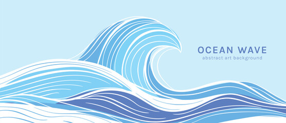 Fototapeta na wymiar Ocean wave background vector. Abstract blue sea with flowing contour lines, curling surf and white foam. Modern marine illustration for banner, poster, cover, wallpaper and presentation.