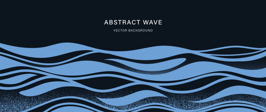 Abstract wave background vector. Layered blue flowing curves with grain texture on dark navy backdrop. Modern fluid design for banner, poster, cover, wallpaper and presentation.