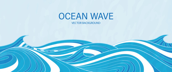 Obraz premium Ocean wave background vector. Abstract blue flowing water with layered curved lines and luminous gradient. Modern marine design for banner, poster, cover, wallpaper and presentation.