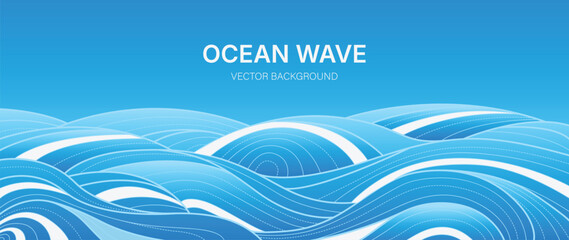 Obraz premium Ocean wave background vector. Abstract blue flowing water with layered curved lines and luminous gradient. Modern marine design for banner, poster, cover, wallpaper and presentation.