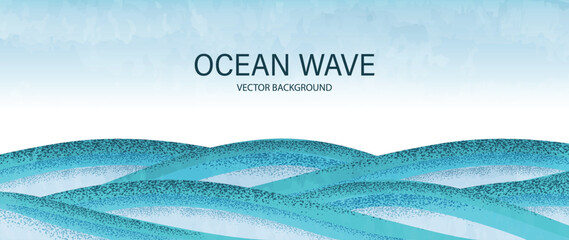 Obraz premium Ocean wave background vector. Abstract turquoise sea with layered rolling waves, stippled grain texture and soft blue gradient. Modern marine design for banner, poster, cover and wallpaper.