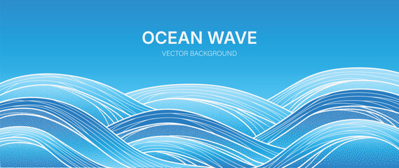 Obraz premium Ocean wave background vector. Abstract blue flowing water with layered curved lines and luminous gradient. Modern marine design for banner, poster, cover, wallpaper and presentation.