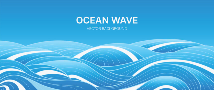 Ocean wave background vector. Abstract blue flowing water with layered curved lines and luminous gradient. Modern marine design for banner, poster, cover, wallpaper and presentation.