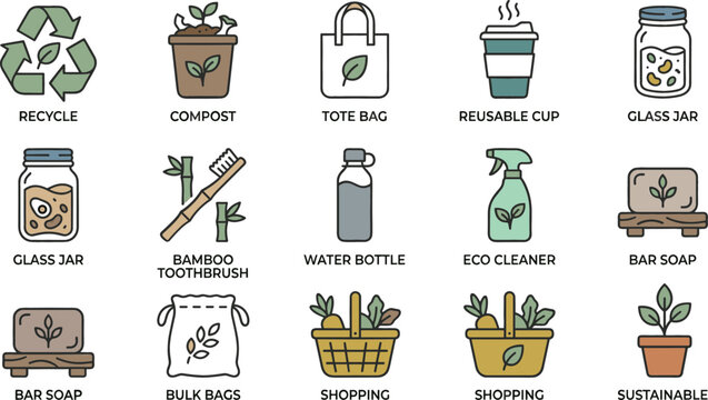 Minimalist zero waste eco line icon set featuring recycle symbol tote bag glass jar compost and sustainable lifestyle graphics for environmental marketing infographics