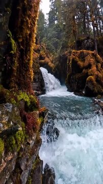 Waterfall flowing through a lush mossy forest canyon