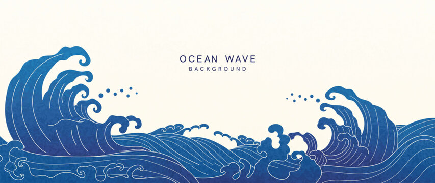 Japanese sea wave background vector. Wallpaper design with white line art and blue ocean wave pattern backdrop. Modern luxury oriental illustration for cover, banner, website, decor, interior.