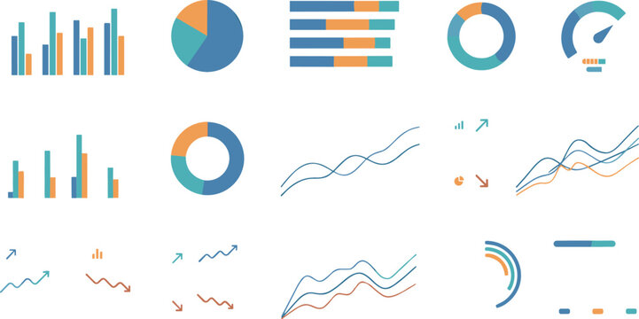 Modern business infographic elements set with colorful bar charts line graphs donut charts pie diagrams for data visualization presentation dashboard corporate reports