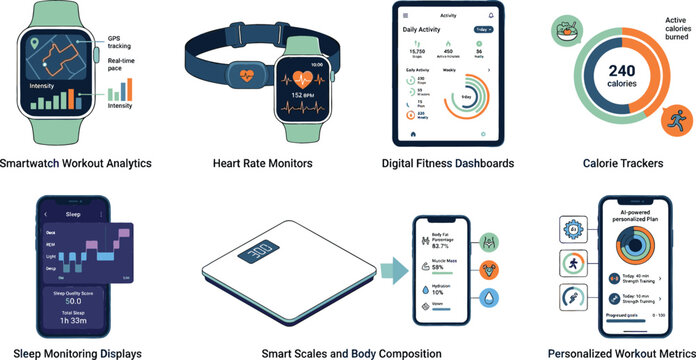 Modern fitness tracker and smartwatch mobile app UI dashboard vector set featuring health metrics and analytics charts for wellness application design