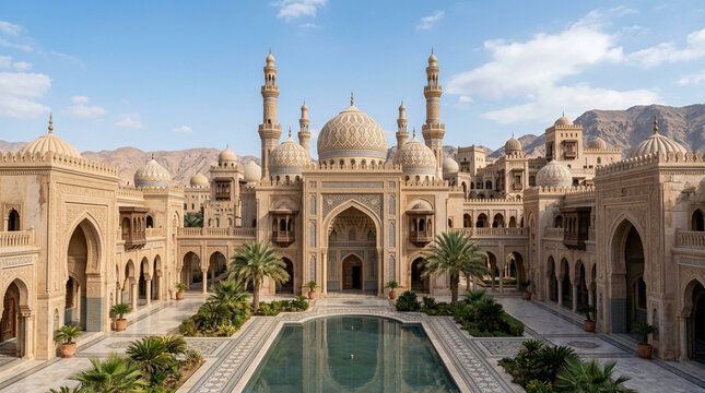 El Sahaba Mosque Hurghada Egypt: Ancient Architecture, Courtyard, Pool, Palm Trees, Mountain View