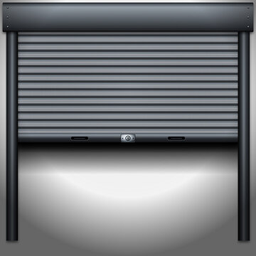 Partially opened metallic roller shutter door with dark background