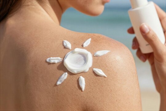 Applying sunscreen design on shoulder at the beach during clear sunny day
