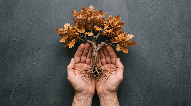Oak tree with roots held in cupped hands, autumn sapling with brown leaves on dark stone background, concept of environmental protection and growth