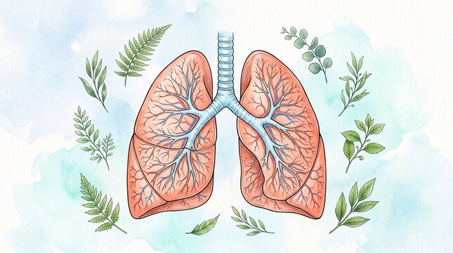 Watercolor human lungs illustration with green leaves, respiratory system health concept, botanical medical art on light blue background