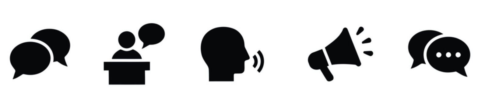 Communication flat icon set with chat bubbles, podium speaker, talking head, megaphone and speech dialogue, black glyph symbols on white background, public speaking vector icons collection