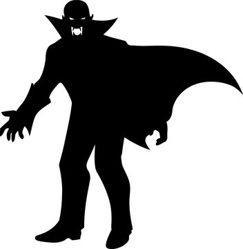 Vampire silhouette vector illustration, Count Dracula in cape with fangs, spooky halloween monster art isolated on white background