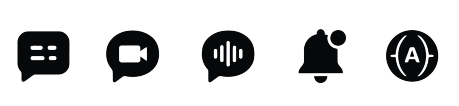 Communication flat icon set with text chat, video call, voice message, notification bell and language translation, black glyph symbols on white background, messaging app vector icons collection