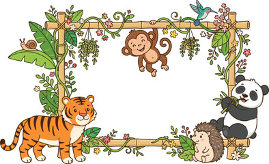 Cute jungle animals tiger monkey panda hedgehog bird around empty bamboo frame board vector cartoon illustration