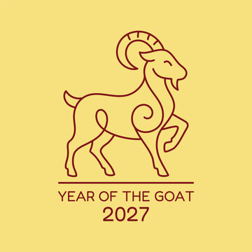 Year of the Goat 2027 minimalist line art illustration. Chinese New Year ram outline symbol on yellow background.