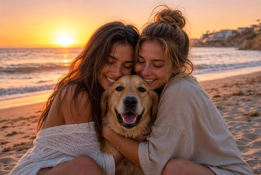 Two Happy Female Friends Hugging Golden Retriever Dog on Beach at Sunset