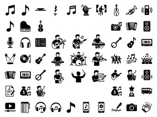 Fototapeta premium Music Icons Set: Instruments, People, Notation, and Audio Equipment