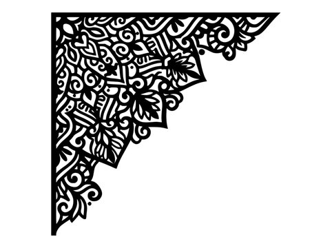 Intricate mandala corner border ornament in black and white ethnic style