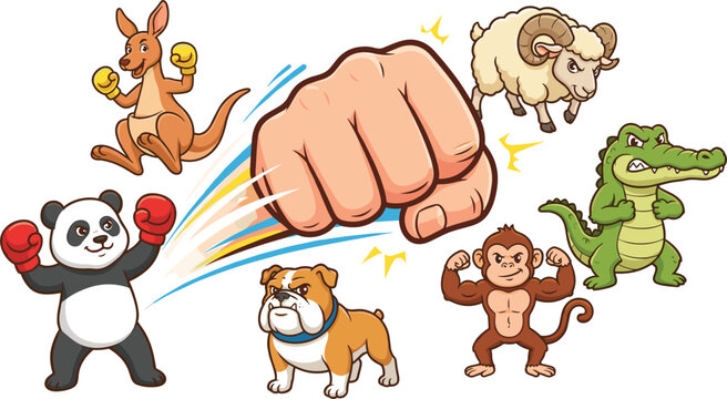 Strong animal characters kangaroo panda bulldog monkey alligator and ram surrounding human punch fist vector illustration