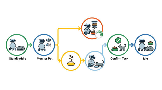 Smart robot pet feeder automation workflow infographic