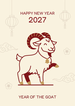 Chinese New Year 2027 greeting card with cute goat or ram character. Traditional Asian clouds and lantern elements on beige background.