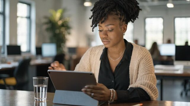 Medium shot of a real estate consultant analyzing land acquisition bridge loan details on a digital device with the office interior deliberately blurred behind.