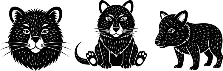 Black and white illustrations of three different wild animals in a row, from left to right a cat with whiskers, a seated cat, and a cub © Terastal 