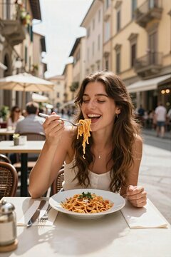 Eating pasta outside a restaurant in the town square on a sunny day