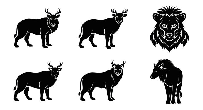 Collection of black silhouette animal icons featuring stags, a stylized lion head, and a standing wolf for minimalist nature logos and graphic designs